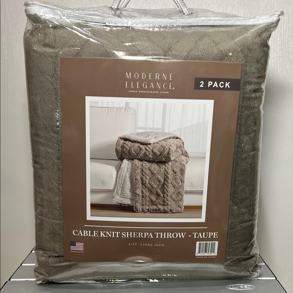 Moderne Elegance Cable Knit Sherpa Throw - Taupe 2 Pack 50” x 60”